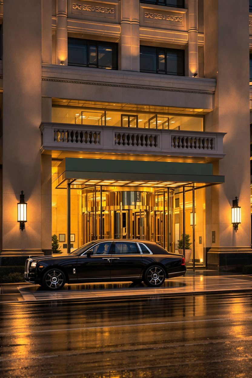 Rolls-Royce waiting at a five-star hotel entrance